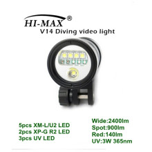 HI-MAX V14 avec 5pc XM-L / U2, 2pc XP-G R2, 3pc UV LED, 2400lm Wide, 900lm Spot, 140lm Red, 3W uv led 365nm Video Lights